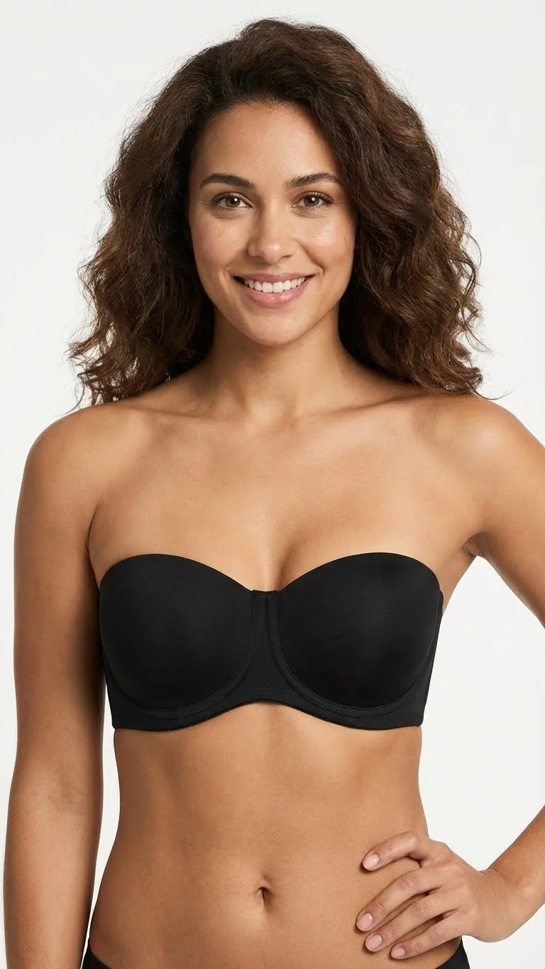 LunaIntim Siyah Desteksiz Dolgusuz Straplez Sütyen Balenli ve Toparlayıcı Model - Arka Görünüm